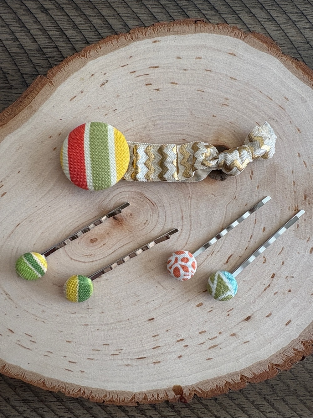 Striped and Chevron Fabric Kids Hair Clip Set - Green, Yellow, Orange, Blue